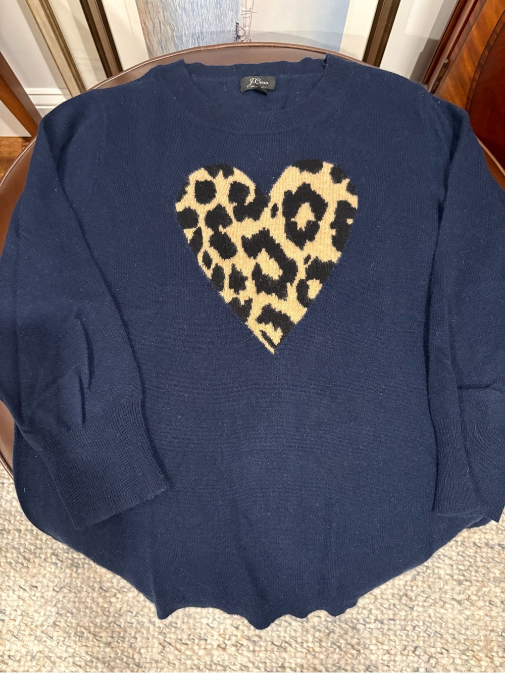 J. Crew Navy Cashmere Sweater with Leopard Heart Motif